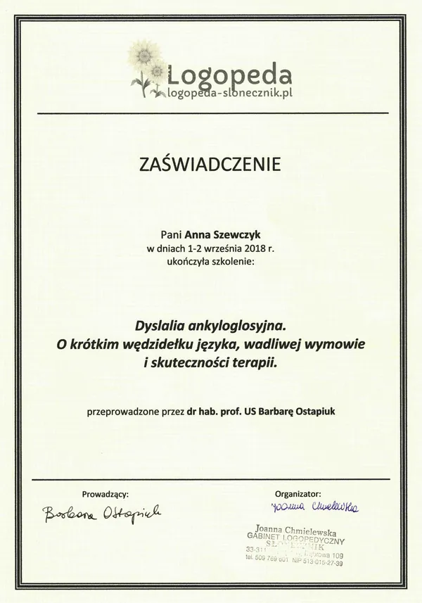 Certyfikat: Dyslalia ankyloglosyjna. O krótkim wędzidełku języka, wadliwej wymowie i skuteczności terapii