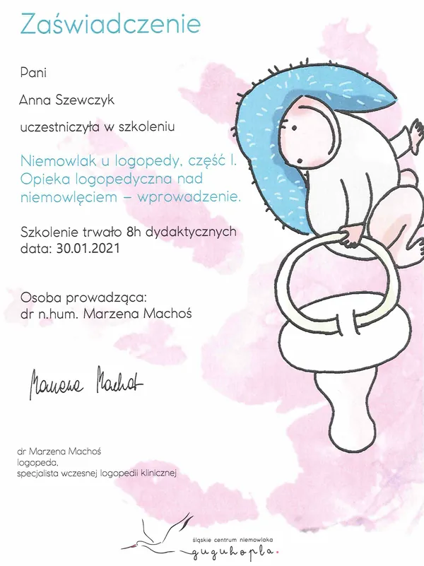 Certyfikat: Niemowlak u logopedy, część I — opieka logopedyczna nad niemowlęciem (wprowadzenie)