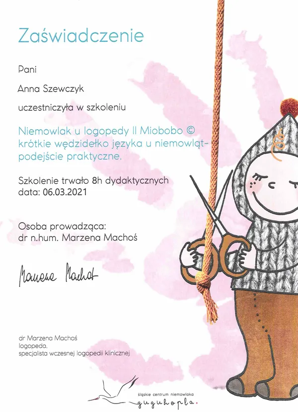 Certyfikat: Niemowlak u logopedy II — Miobobo — krótkie wędzidełko języka u niemowląt, podejście praktyczne