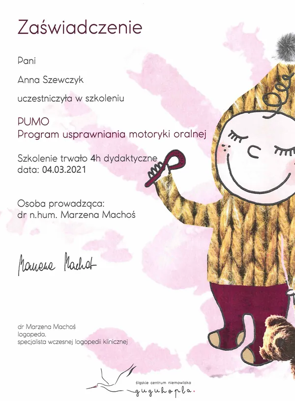 Certyfikat: PUMO — Program usprawniania motoryki oralnej
