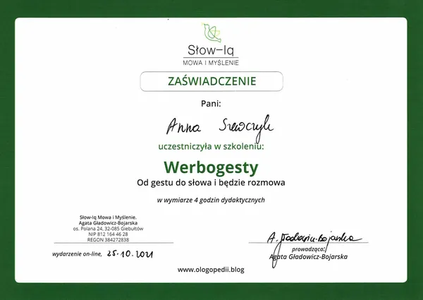 Certyfikat: Werbogesty — od gestu do słowa i będzie rozmowa