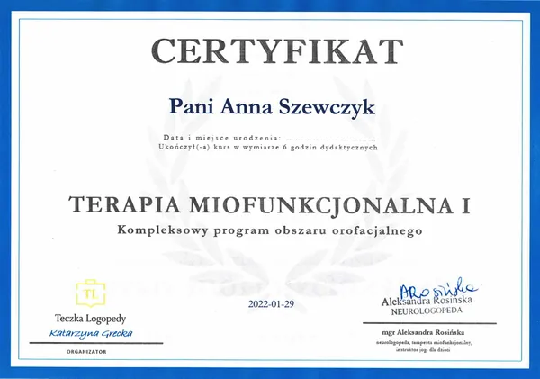 Certyfikat: Terapia miofunkcjonalna I — kompleksowy program obszaru orofacjalnego
