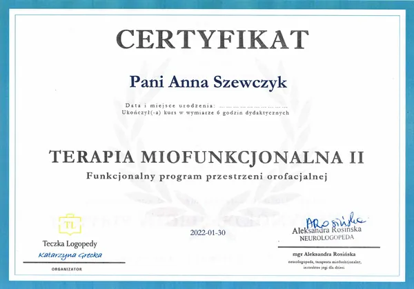 Certyfikat: Terapia miofunkcjonalna II — funkcjonalny program przestrzeni orofacjalnej