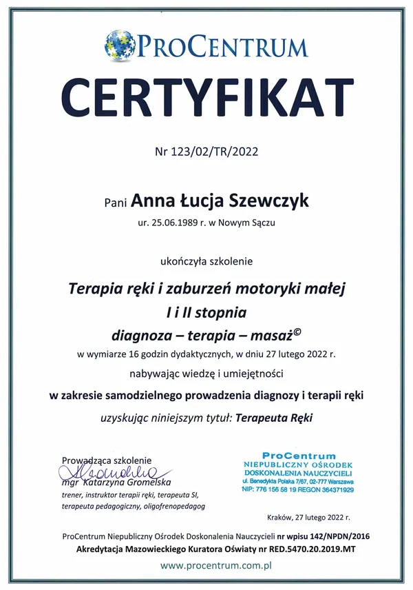 Certyfikat: Terapia ręki i zaburzeń motoryki małej I i II stopnia — tytuł: Terapeuta Ręki