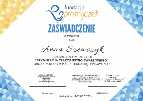 Certyfikat: Stymulacja traktu ustno-twarzowego (metoda Castillo Moralesa)