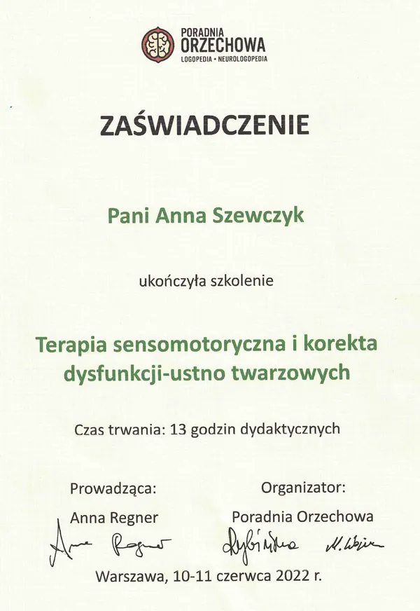 Certyfikat: Terapia sensomotoryczna i korekta dysfunkcji ustno-twarzowych