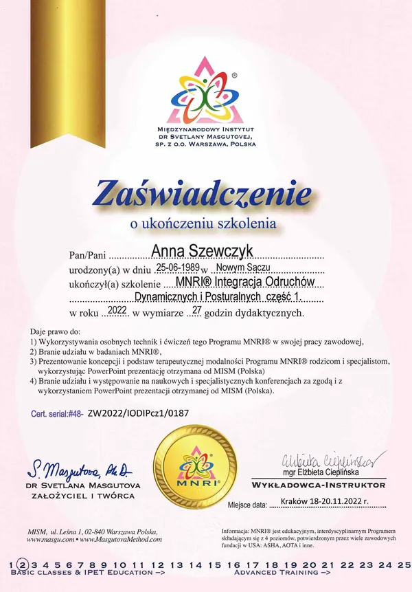 Certyfikat: MNRI® Integracja Odruchów Dynamicznych i Posturalnych — część 1