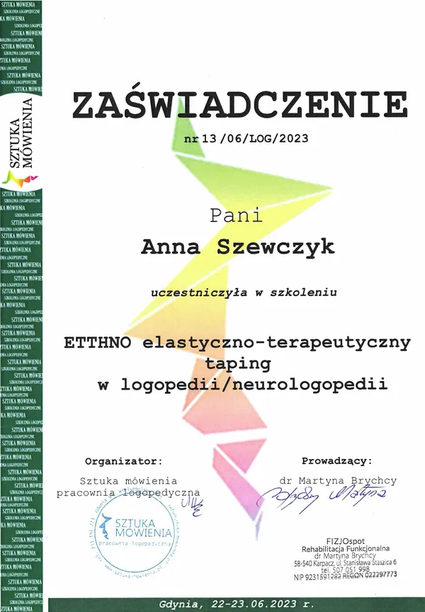 Certyfikat: ETTHNO — elastyczno-terapeutyczny taping w logopedii / neurologopedii