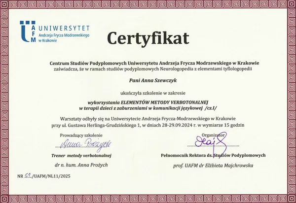 Certyfikat: Wykorzystanie elementów metody werbotonalnej w terapii dzieci z zaburzeniami komunikacji językowej (cz. I)