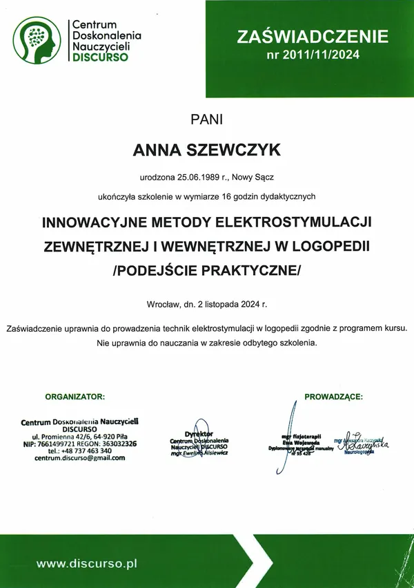 Certyfikat: Innowacyjne metody elektrostymulacji zewnętrznej i wewnętrznej w logopedii — podejście praktyczne