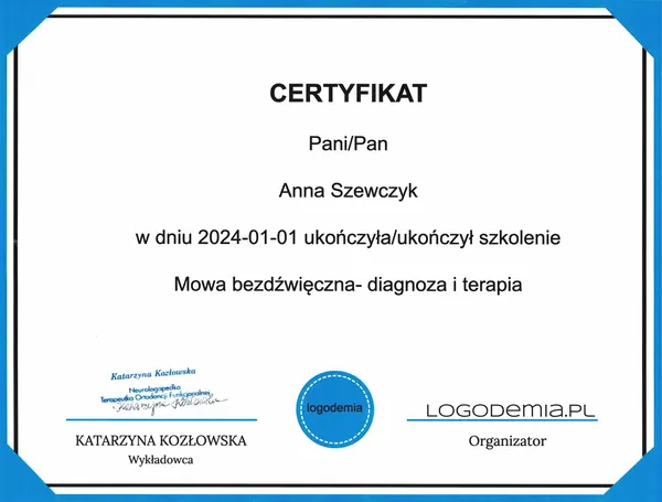 Certyfikat: Mowa bezdźwięczna — diagnoza i terapia