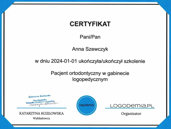 Certyfikat: Pacjent ortodontyczny w gabinecie logopedycznym