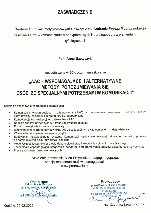 Certyfikat: AAC — wspomagające i alternatywne metody porozumiewania się osób ze specjalnymi potrzebami w komunikacji