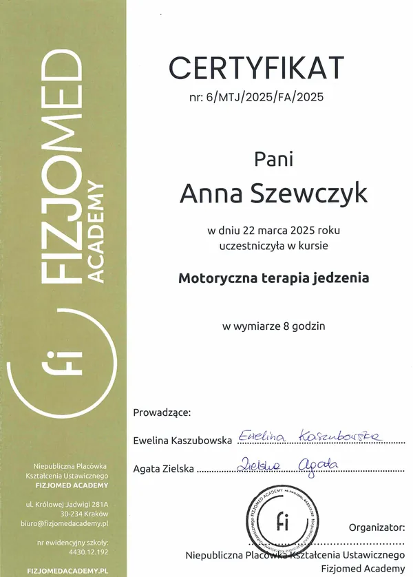 Certyfikat: Motoryczna terapia jedzenia
