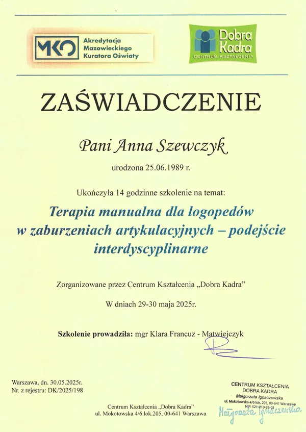 Certyfikat: Terapia manualna dla logopedów w zaburzeniach artykulacyjnych — podejście interdyscyplinarne