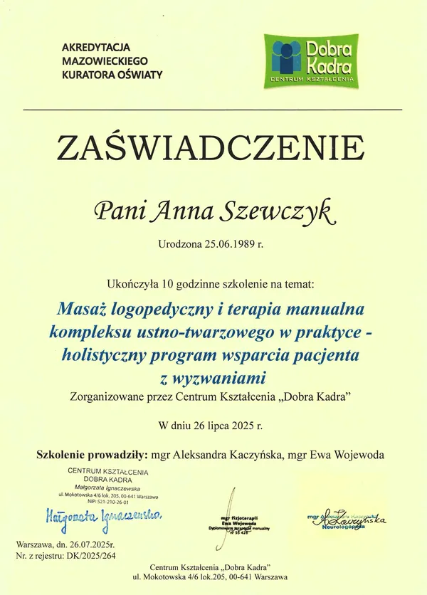 Certyfikat: Masaż logopedyczny i terapia manualna kompleksu ustno-twarzowego — holistyczny program wsparcia pacjenta z wyzwaniami