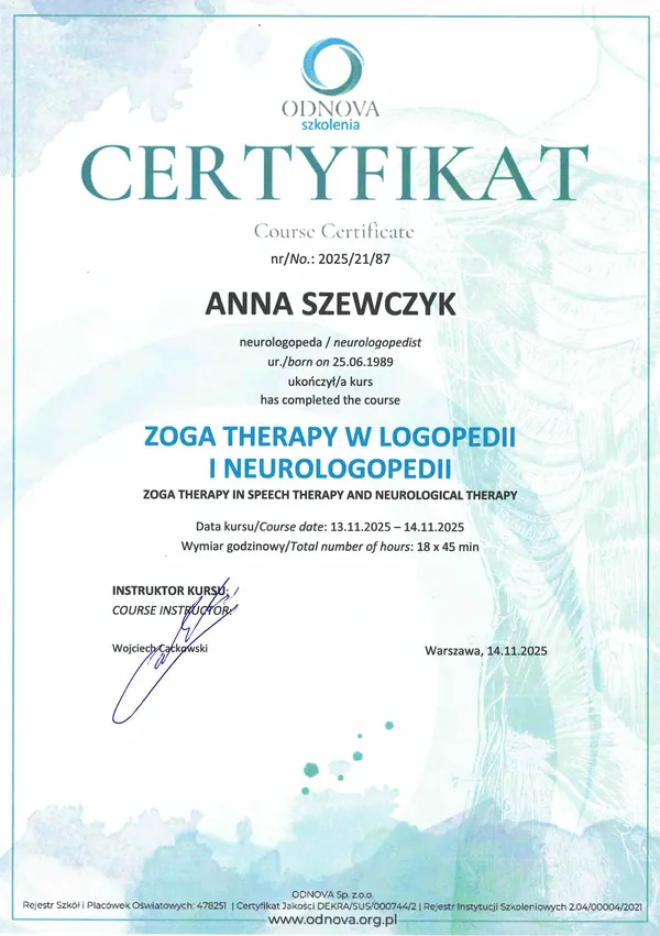 Certyfikat: Zoga Therapy w logopedii i neurologopedii (Course Certificate)