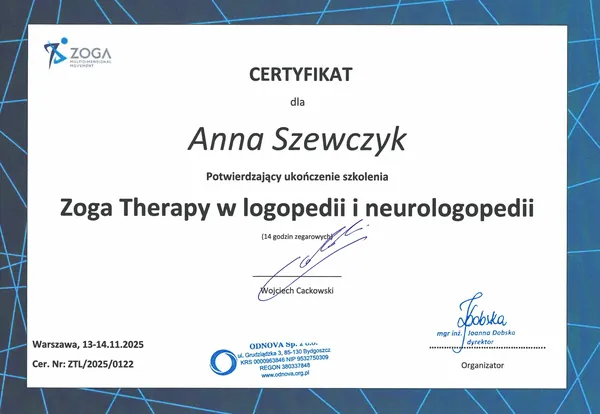 Certyfikat: Zoga Therapy w logopedii i neurologopedii — certyfikat ZOGA Multi-Sensorial Movement